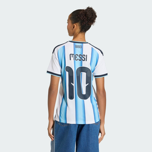 Adidas Argentinie thuisshirt dames met Messi 10 bedrukking, blauw-wit, WK 2026 voetbalcollectie, Kickoff Antwerpen voetbal webshop.