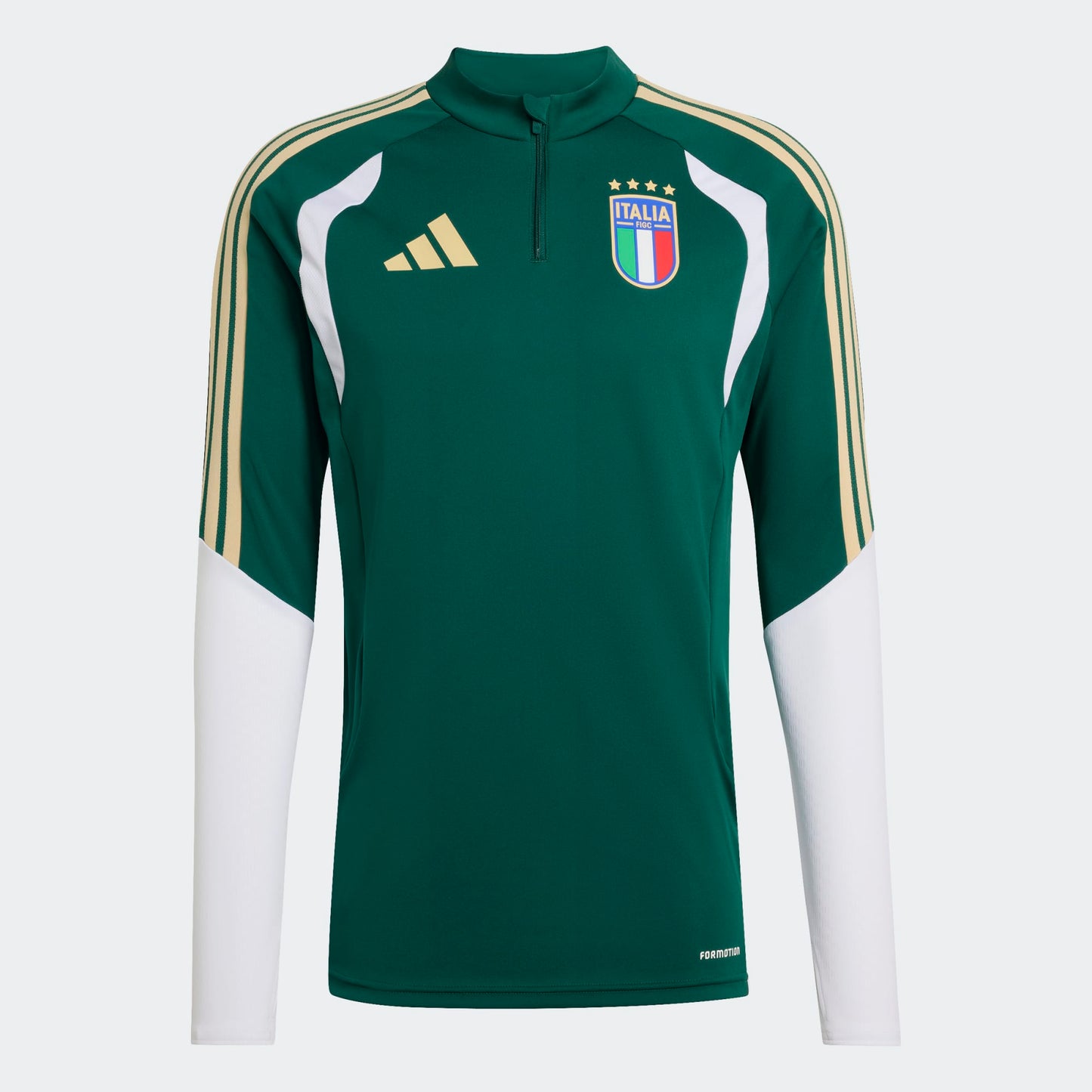 Adidas FIGC Italia training Top groen met goud 3-Stripes en Italiaanse voetbalbond (FIGC) badge. Beschikbaar bij voetbalshop Kickoff Antwerpen.