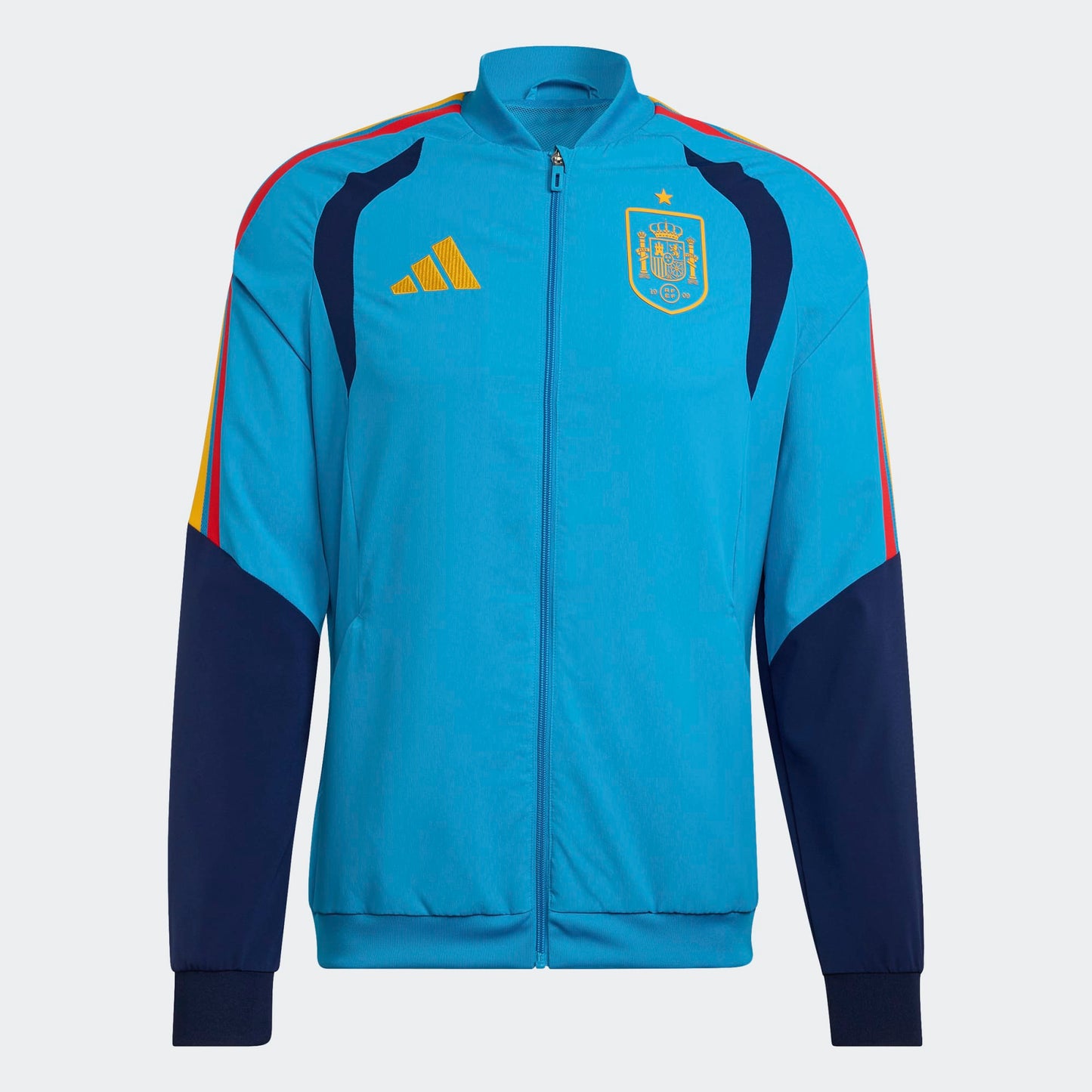 Adidas RFEF Presentatie Jacket 2025-2026 blauw rood voor heren. Exclusief verkrijgbaar bij Kickoff Antwerpen voetbalshop