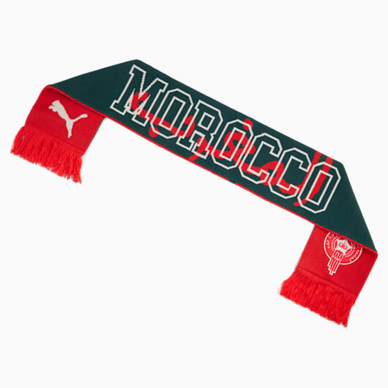 Officiële Puma FRMF Marokko sjaal in rood en groen met Marokkaans bondsembleem, verkrijgbaar bij voetbalshop Kickoff Antwerpen.