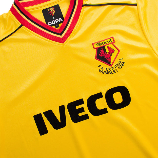 COPA Watford FC 1983 1984 retro football shirt geel verkrijgbaar bij Kickoff Antwerpen de voetbalshop van Antwerpen