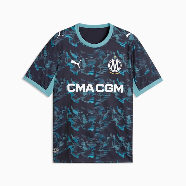Puma Olympique Marseille uitvoetbalshirt 2026 2027 met officiële clubdetails op model Kickoff Antwerpen