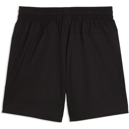 Volledig zwart Puma FRMF Marokko Pumatech woven relaxed woven short 2026-2028 met zak en bondsembleem, verkrijgbaar bij Kickoff Antwerpen dé voetbalshop van stad.