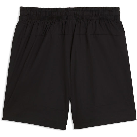 Volledig zwart Puma FRMF Marokko Pumatech woven relaxed woven short 2026-2028 met zak en bondsembleem, verkrijgbaar bij Kickoff Antwerpen dé voetbalshop van stad.