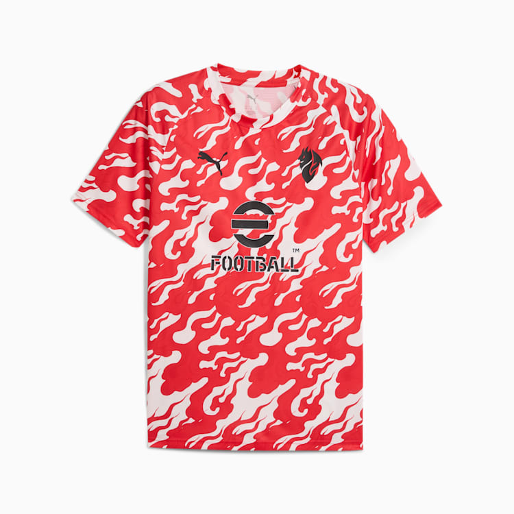 Vooraanzicht van het officiële PUMA AC Milan Warm-up Jersey 2025/2026 in rood-zwart, beschikbaar bij Kickoff Antwerpen - voetbalwinkel