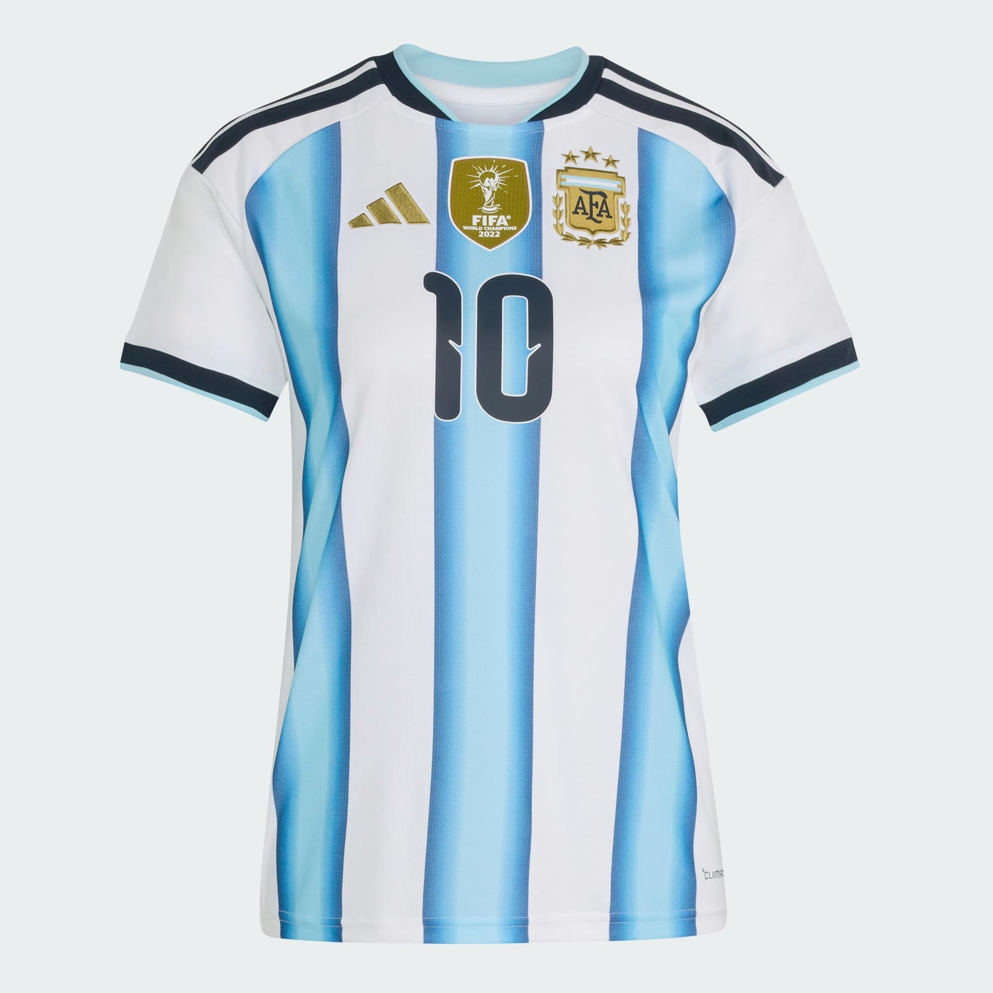 Adidas Argentinie thuisshirt dames met Messi 10 bedrukking, blauw-wit, WK 2026 voetbalcollectie, Kickoff Antwerpen voetbal webshop.