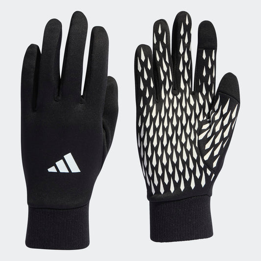 Zwarte Adidas Tiro trainingshandschoenen (niet voor keepers) met wit logo en elastische boorden. Beschikbaar bij Kickoff Antwerpen Voetbalshop.
