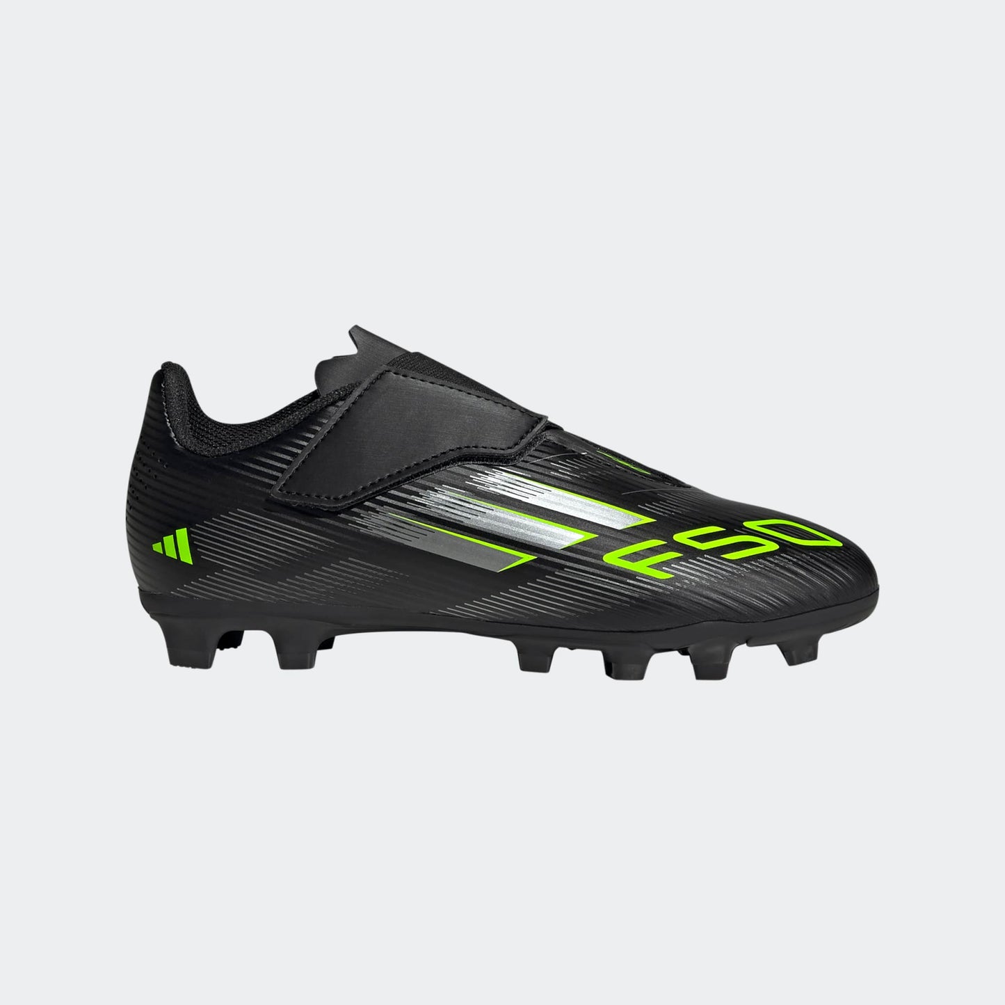 Adidas F50 Club Junior VEL FG/MG voetbalschoen met klittenband, zwart/geel/ design . Te koop bij Kickoff Antwerpen de voetbalshop