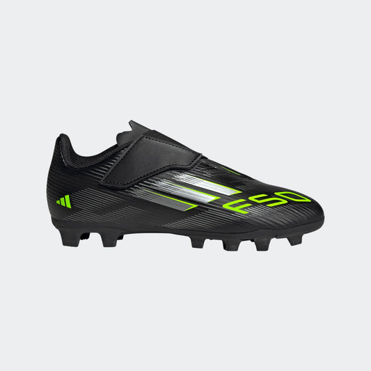Adidas F50 Club Junior VEL FG/MG voetbalschoen met klittenband, zwart/geel/ design . Te koop bij Kickoff Antwerpen de voetbalshop