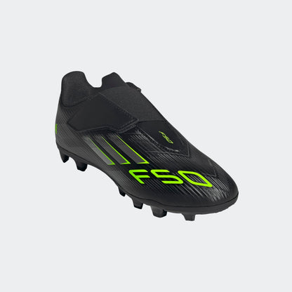 Adidas F50 Club Junior VEL FG/MG voetbalschoen met klittenband, zwart/geel/ design . Te koop bij Kickoff Antwerpen de voetbalshop