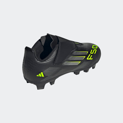 Adidas F50 Club Junior VEL FG/MG voetbalschoen met klittenband, zwart/geel/ design . Te koop bij Kickoff Antwerpen de voetbalshop