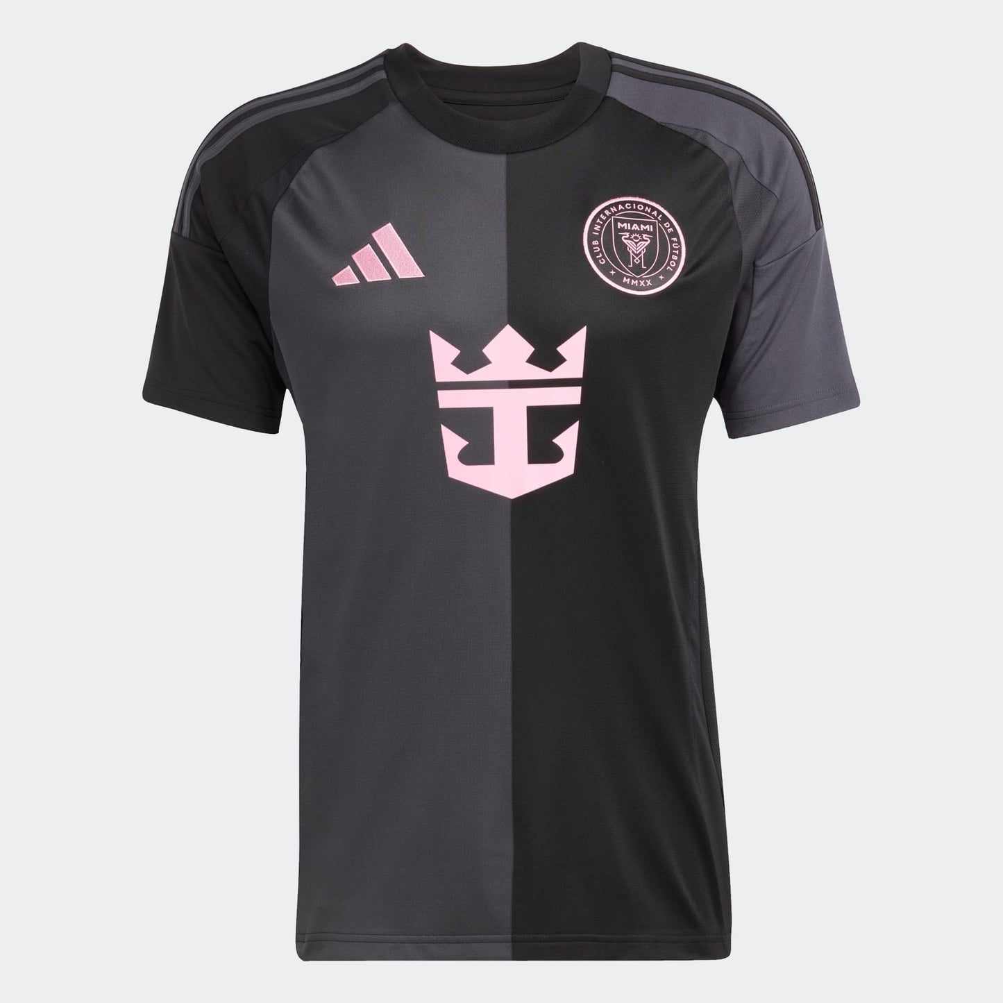 Inter Miami uitshirt 2025/26 van Adidas met Messi-naam – zwart met roze details, te koop bij Kickoff Antwerpen.