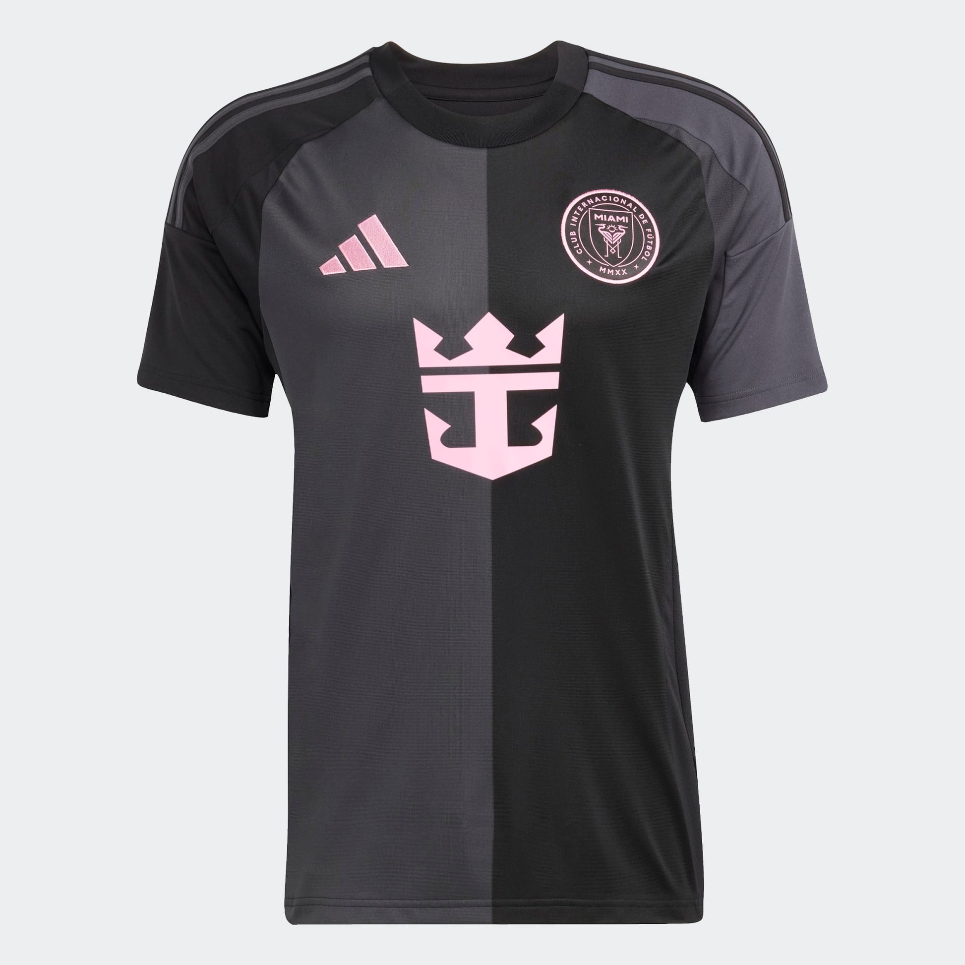 Inter Miami uitshirt 2025/26 van Adidas met Messi-naam – zwart met roze details, te koop bij Kickoff Antwerpen.