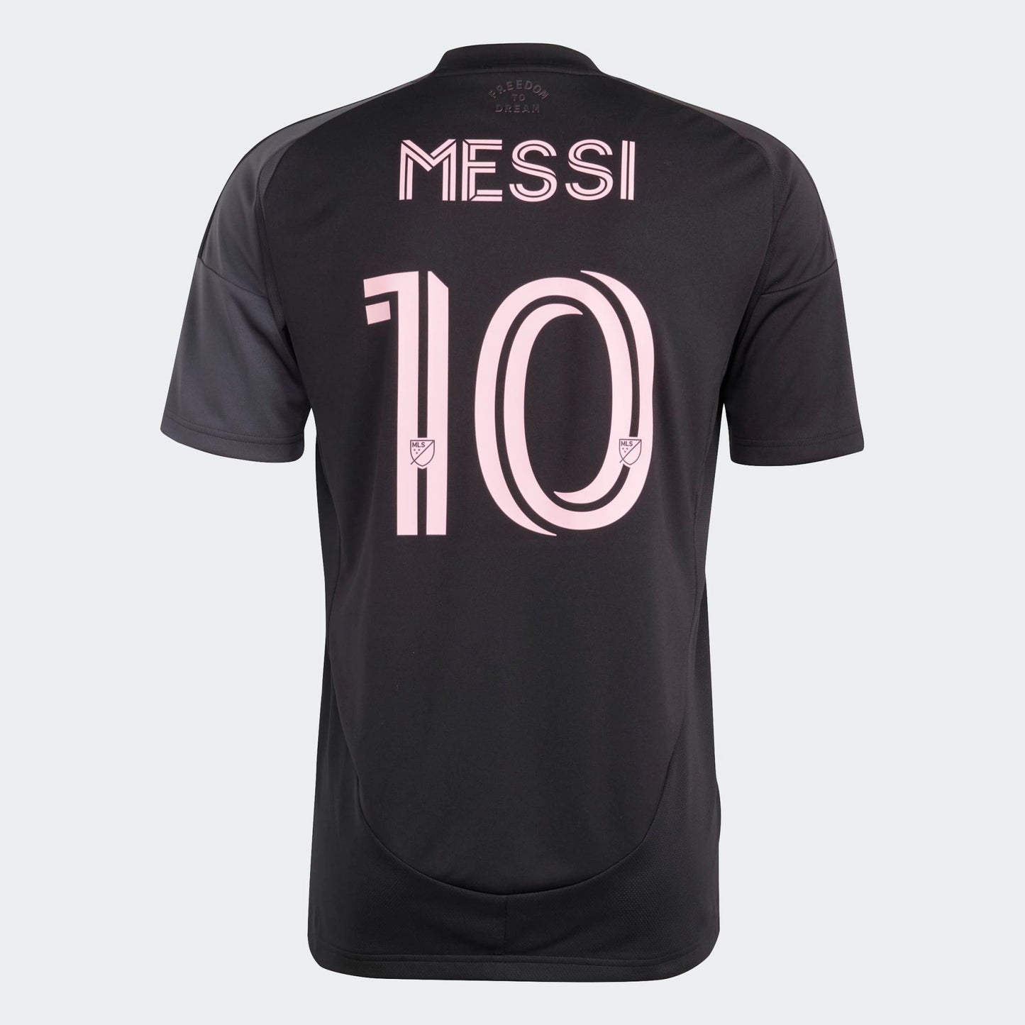 Inter Miami uitshirt 2025/26 van Adidas met Messi-naam – zwart met roze details, te koop bij Kickoff Antwerpen.