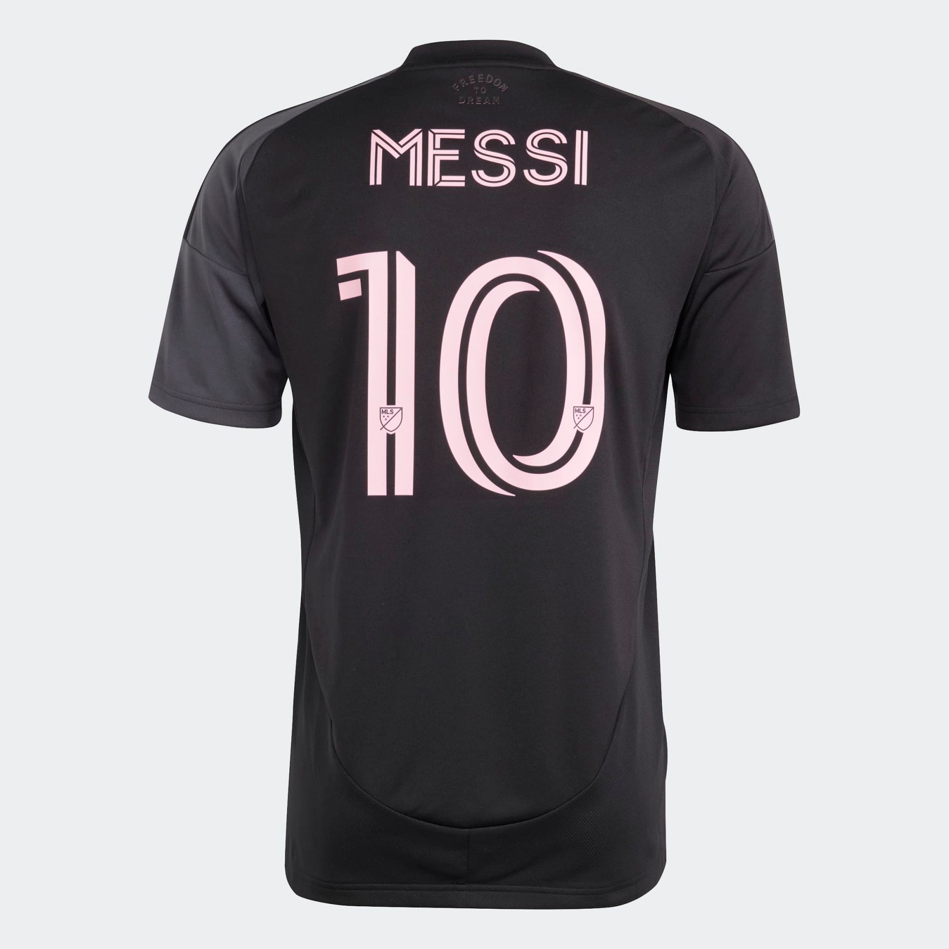 Inter Miami uitshirt 2025/26 van Adidas met Messi-naam – zwart met roze details, te koop bij Kickoff Antwerpen.