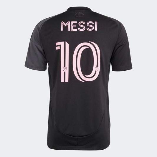Inter Miami uitshirt 2025/26 van Adidas met Messi-naam – zwart met roze details, te koop bij Kickoff Antwerpen.