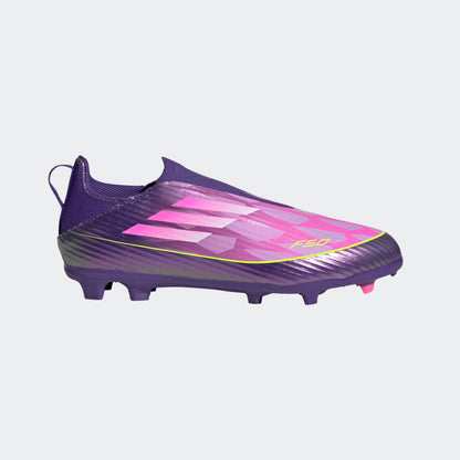 adidas F50 LEAGUE LL FG/MG JUNIOR voetbalschoenen (Lamine Yamal), paars-roze, veterloos. Te koop bij voetbalshop Kickoff Antwerpen.