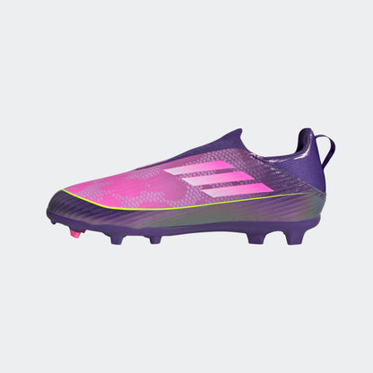 adidas F50 LEAGUE LL FG/MG JUNIOR voetbalschoenen (Lamine Yamal), paars-roze, veterloos. Te koop bij voetbalshop Kickoff Antwerpen.