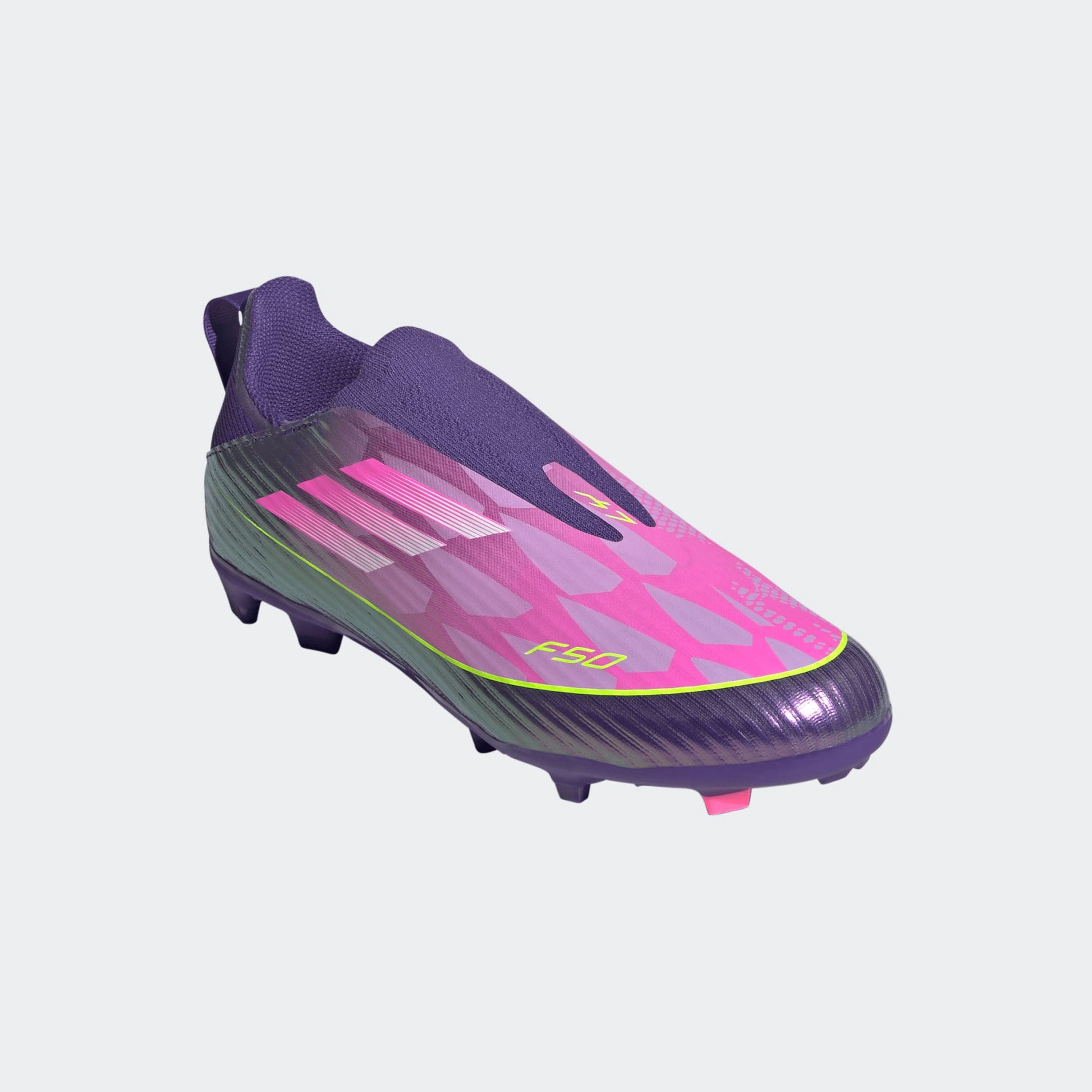 adidas F50 LEAGUE LL FG/MG JUNIOR voetbalschoenen (Lamine Yamal), paars-roze, veterloos. Te koop bij voetbalshop Kickoff Antwerpen.