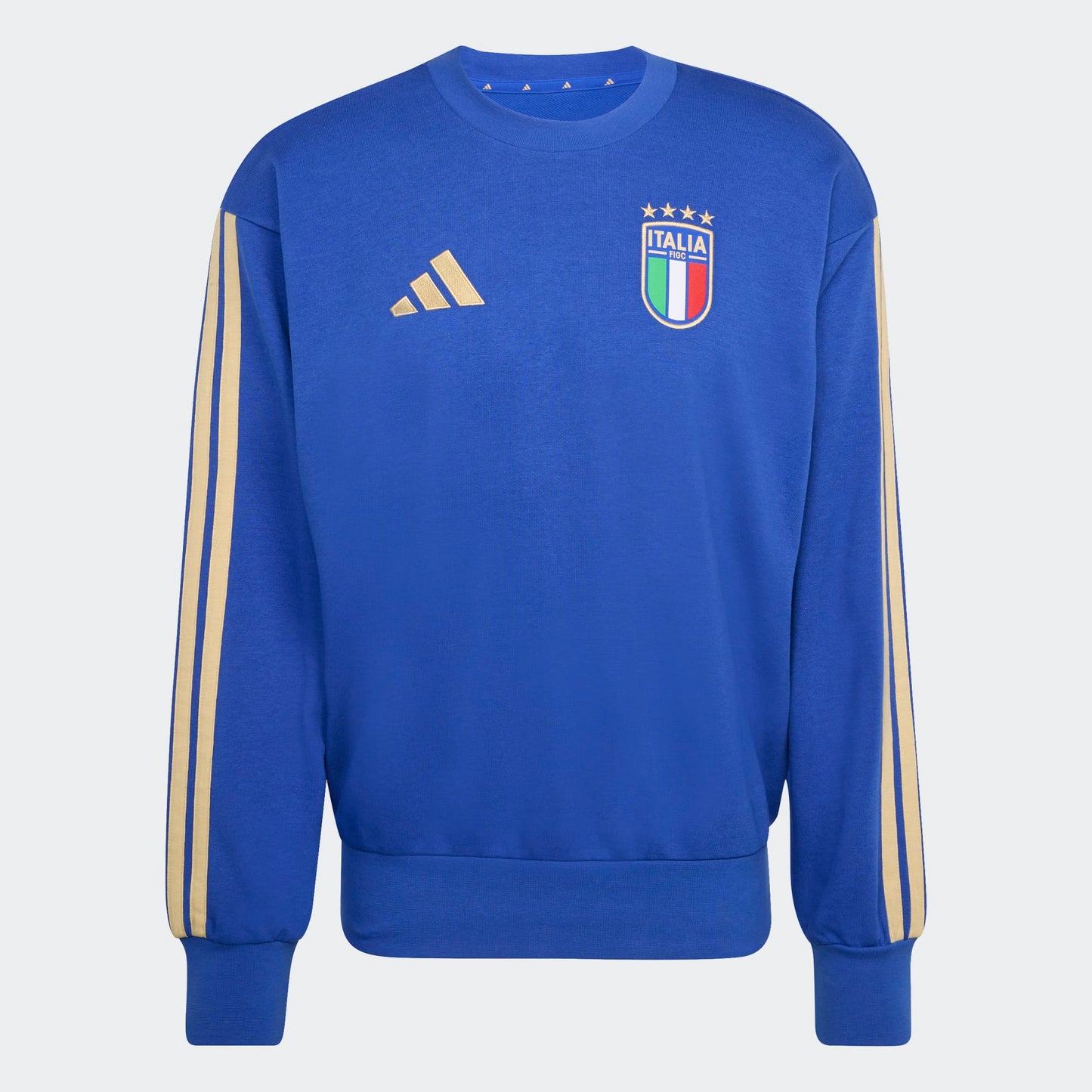 Adidas FIGC Italia DNA Sweat Top blauw met goud 3-Stripes en geborduurde Italiaanse voetbalbond (FIGC) badge. Beschikbaar bij voetbalshop Kickoff Antwerpen.