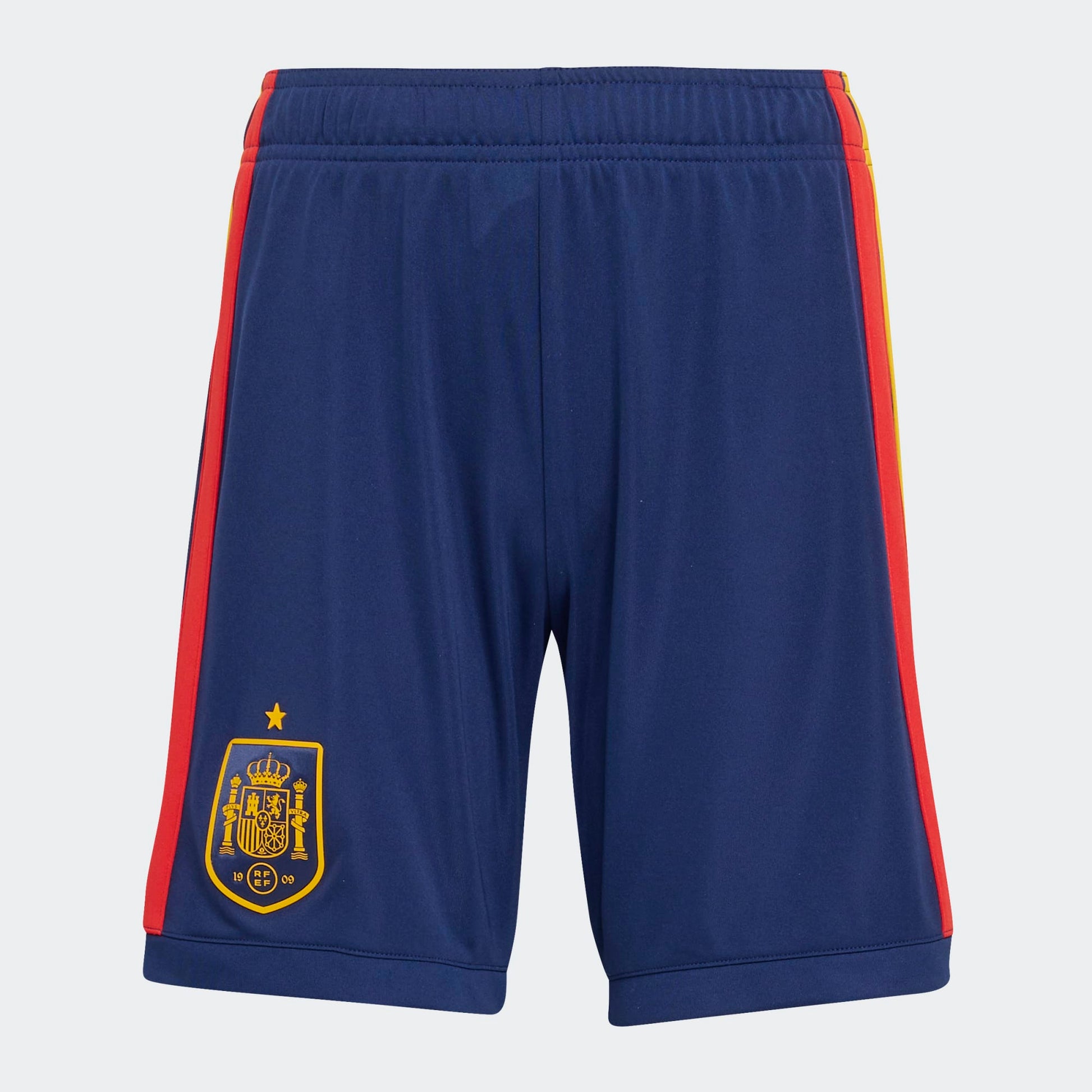 Adidas RFEF Spanje Home short voor kids Climacool  blauw rood met geel strepen en logo WK 2026 collectie Kickoff Antwerpen voetbalshop