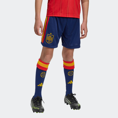 Adidas RFEF Spanje Home short voor kids Climacool  blauw rood met geel strepen en logo WK 2026 collectie Kickoff Antwerpen voetbalshop