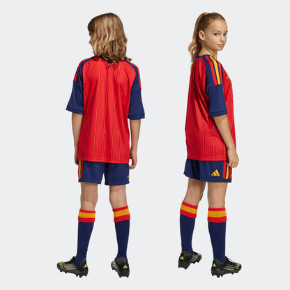 Adidas RFEF Spanje Home short voor kids Climacool  blauw rood met geel strepen en logo WK 2026 collectie Kickoff Antwerpen voetbalshop