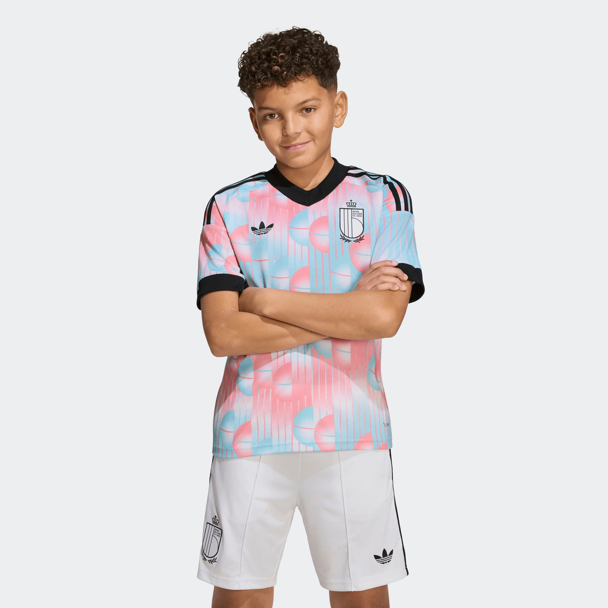 Witte Adidas Originals RBFA België Away Jersey voor kinderen (2026-2028) met Trefoil-logo en bondslogo, verkrijgbaar bij voetbalshop Kickoff Antwerpen.