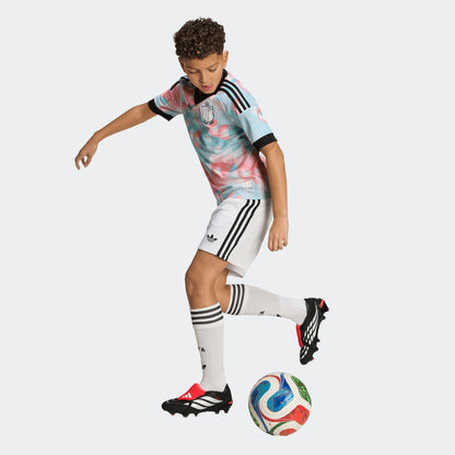 Witte Adidas Originals RBFA België Away Jersey voor kinderen (2026-2028) met Trefoil-logo en bondslogo, verkrijgbaar bij voetbalshop Kickoff Antwerpen.