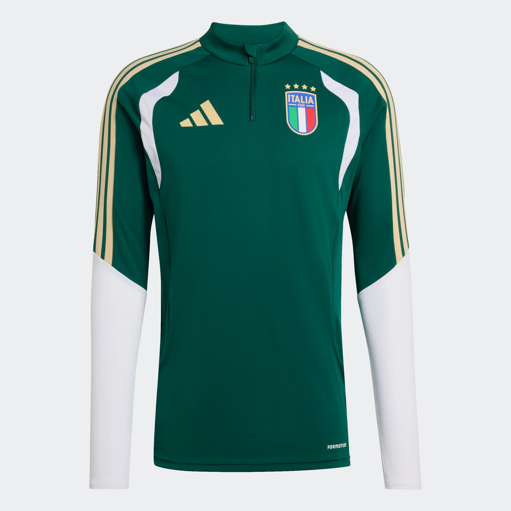 Adidas FIGC Italia training Top groen met goud 3-Stripes en Italiaanse voetbalbond (FIGC) badge. Beschikbaar bij voetbalshop Kickoff Antwerpen.
