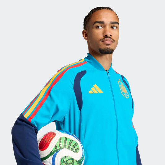 Adidas RFEF Presentatie Jacket 2025-2026 blauw rood voor heren. Exclusief verkrijgbaar bij Kickoff Antwerpen voetbalshop