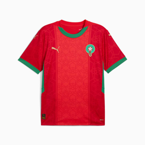 Puma Home Jersey Marokkaans voetbalelftal 2024 met DryCELL-technologie, verkrijgbaar bij Kickoff Antwerpen – rood design met officiële teamdetails.