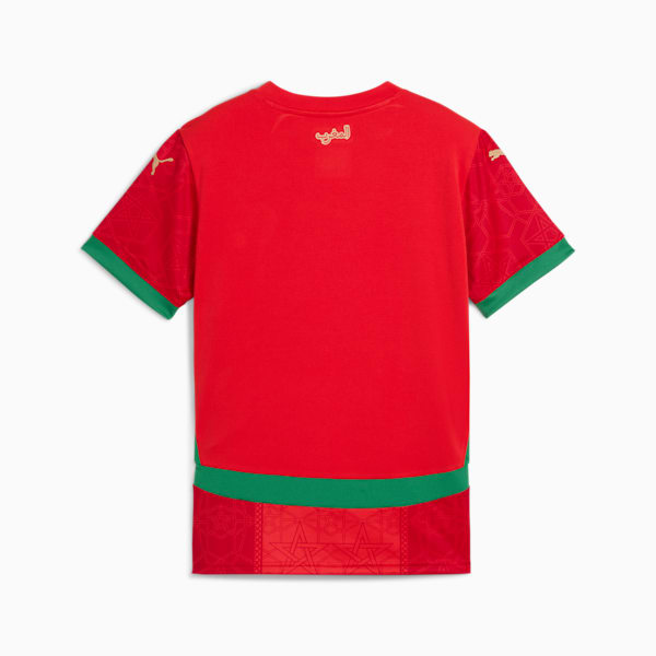 Puma Home Jersey Junior Marokkaans voetbalelftal 2025 met DryCELL-technologie, verkrijgbaar bij Kickoff Antwerpen – rood design met officiële teamdetails.