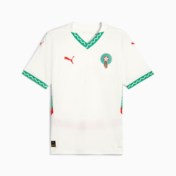 Officieel Puma Away Jersey van het Marokkaanse voetbalelftal met DryCELL-technologie, wit met groene en rode accenten. Verkrijgbaar bij Kickoff Antwerpen.