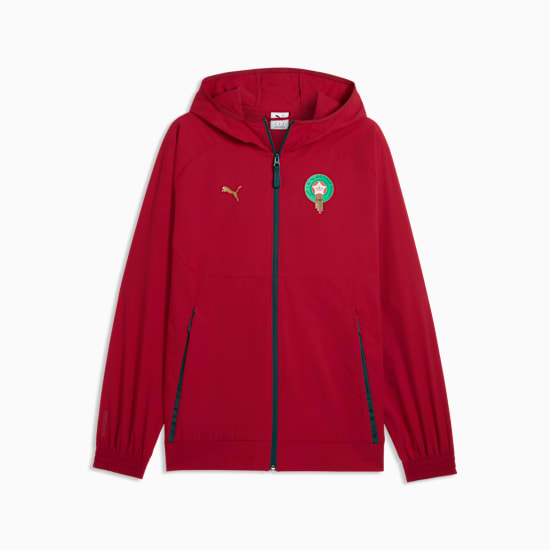 Puma FRMF Marokko PumaTech Woven Jacket 2026-2028 met officieel Marokkaans bondsembleem, verkrijgbaar bij Kickoff Antwerpen dé voetbalshop van stad.