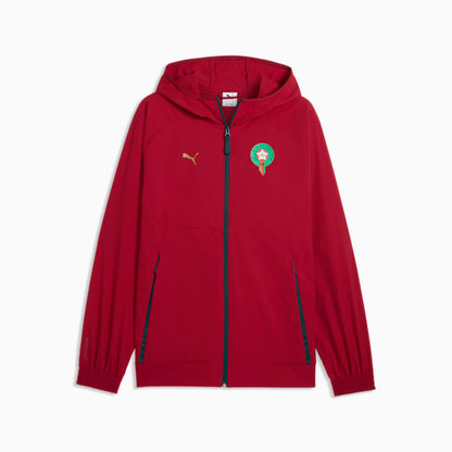 Puma FRMF Marokko PumaTech Woven Jacket 2026-2028 met officieel Marokkaans bondsembleem, verkrijgbaar bij Kickoff Antwerpen dé voetbalshop van stad.