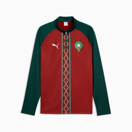 Puma FRMF Marokko Warm-Up 1/4 Zip Top WK 2026 trainingstop met officieel Marokkaans bondsembleem, verkrijgbaar bij Kickoff Antwerpen dé voetbalshop van stad.
