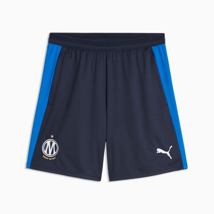 Puma Olympique Marseille voetbaltrainingsshort met zakken 2026 2027 heren met clubdetails op model Kickoff Antwerpen