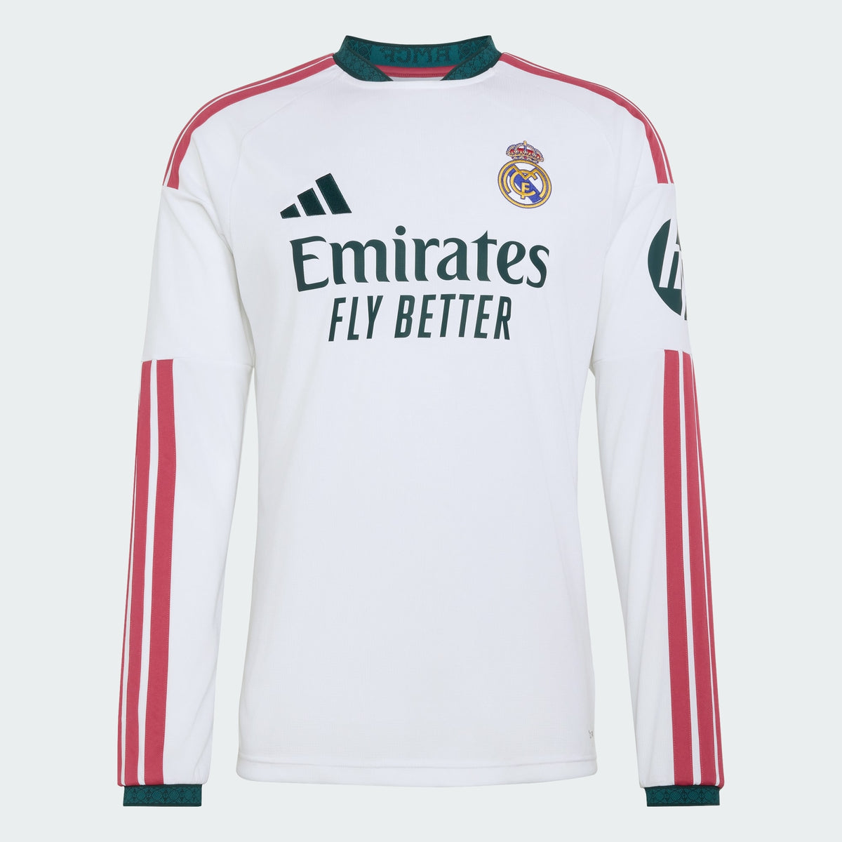Adidas Real Madrid thuistenue voetbalshirt met lange mouwen 2026 2027 met officiële clubdetails op model Kickoff Antwerpen