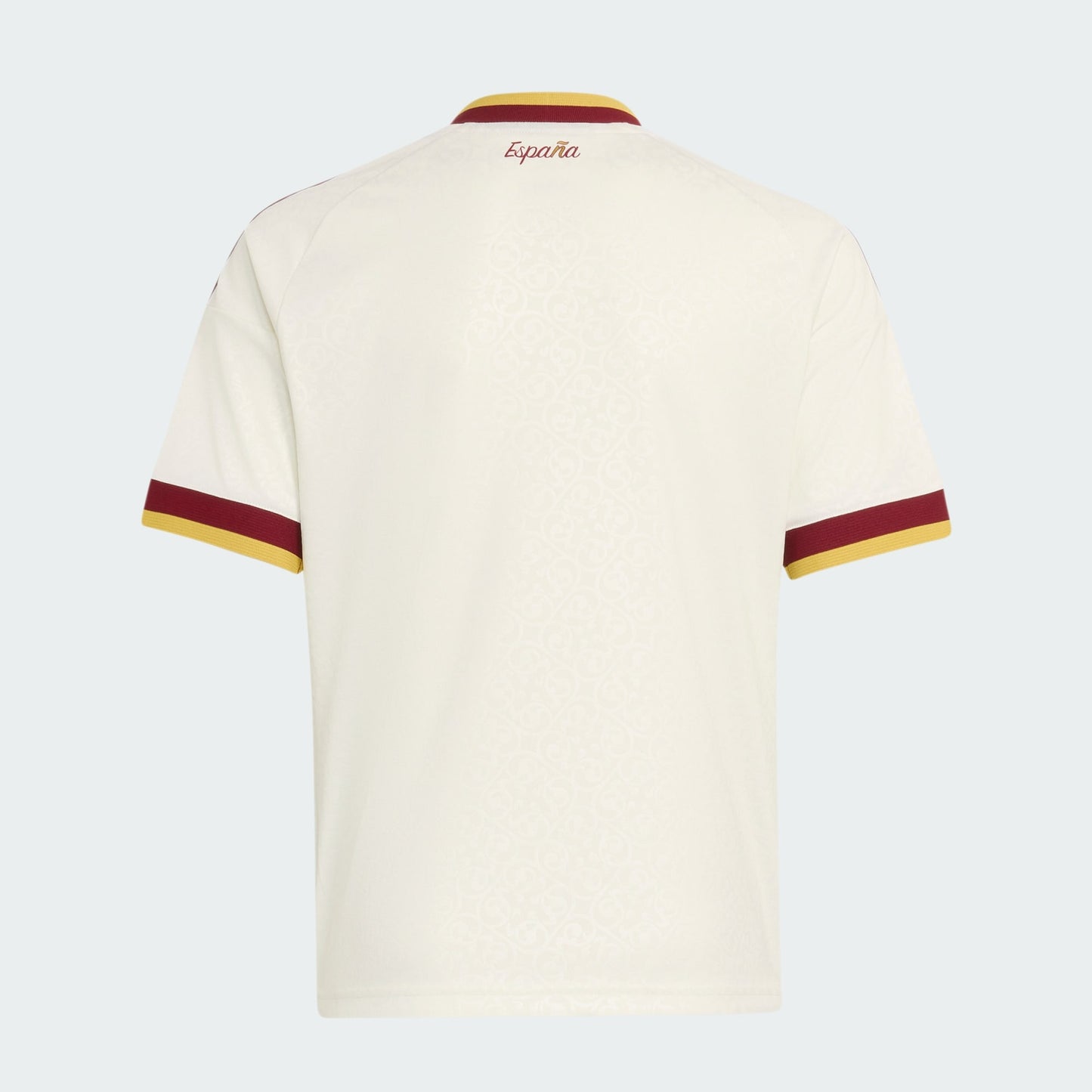 Lichtgeel Adidas Originals RFEF Spanje Away Jersey voor kinderen 2026-2028 met Trefoil-logo en Spaanse bondbadge, verkrijgbaar bij voetbalshop Kickoff Antwerpen.