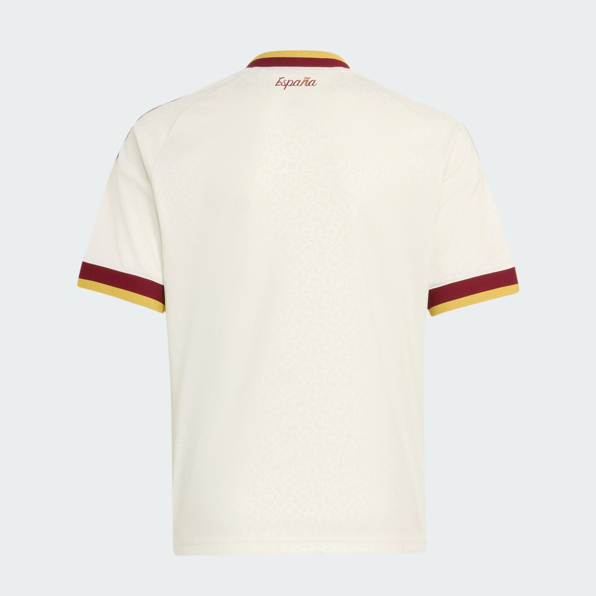 Lichtgeel Adidas Originals RFEF Spanje Away Jersey voor kinderen 2026-2028 met Trefoil-logo en Spaanse bondbadge, verkrijgbaar bij voetbalshop Kickoff Antwerpen.