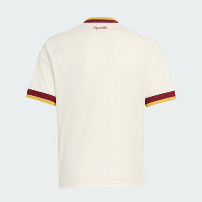 Lichtgeel Adidas Originals RFEF Spanje Away Jersey voor kinderen 2026-2028 met Trefoil-logo en Spaanse bondbadge, verkrijgbaar bij voetbalshop Kickoff Antwerpen.