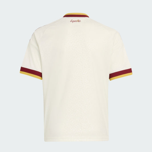 Lichtgeel Adidas Originals RFEF Spanje Away Jersey voor kinderen 2026-2028 met Trefoil-logo en Spaanse bondbadge, verkrijgbaar bij voetbalshop Kickoff Antwerpen.