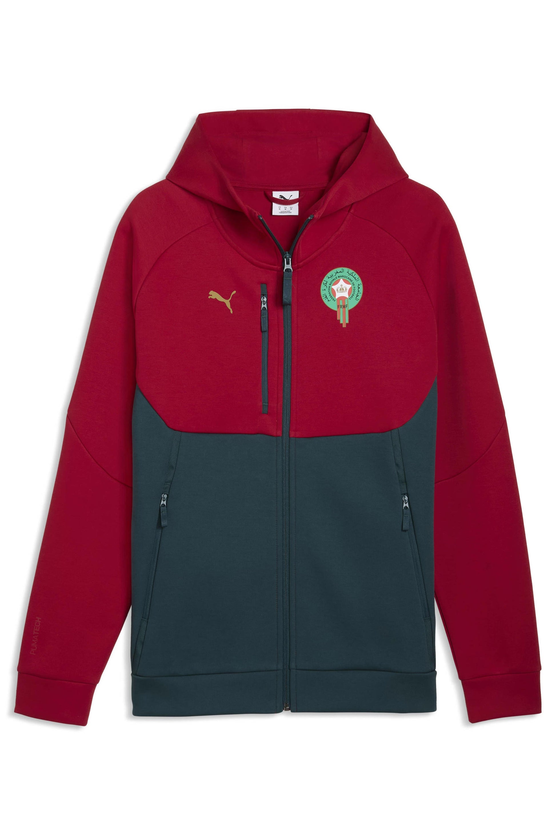 Puma FRMF Marokko PumaTech Sweat Full Zip Trainingspak WK 2026 met officieel Marokkaans bondsembleem, verkrijgbaar bij Kickoff Antwerpen dé voetbalshop van stad.