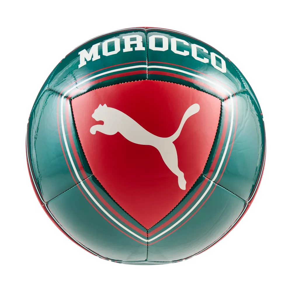 Puma FRMF Marokko Culture Ball met officieel groen bondsembleem en Marokkaanse culturele details, verkrijgbaar bij voetbalshop Kickoff Antwerpen.