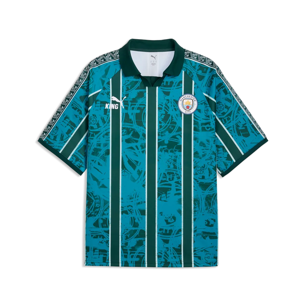 PUMA King Manchester City Retro Jersey met vintage clublogo, beschikbaar bij voetbalshop Kickoff Antwerpen.